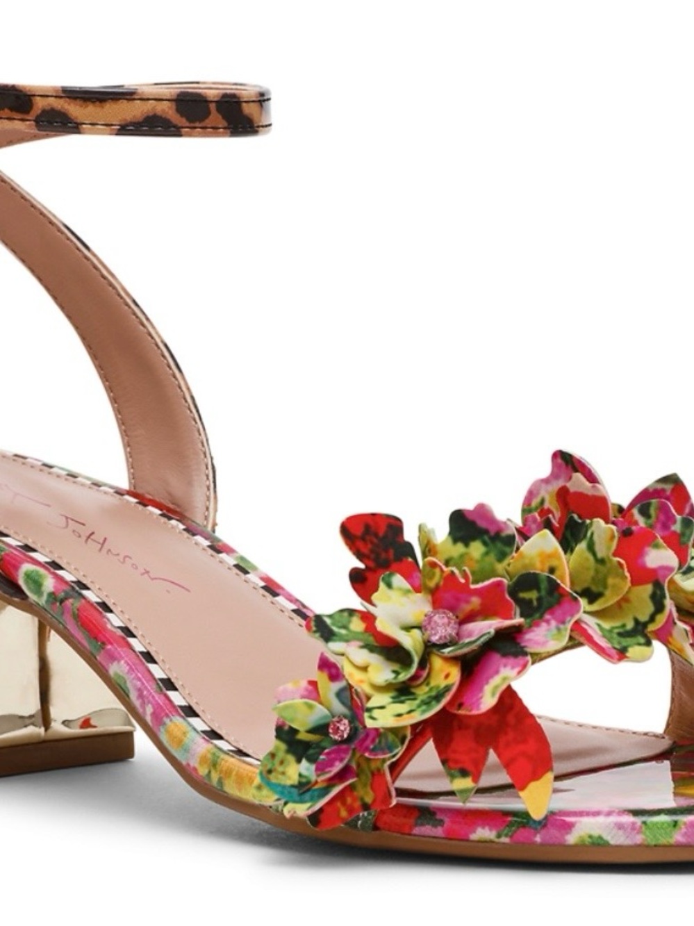 Betsey Johnson Floral Appliqué Block Heel Sandals - Red, Pink, Green, Yellow
